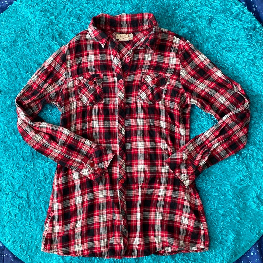 Op buffalo plaid and white button down shirt
